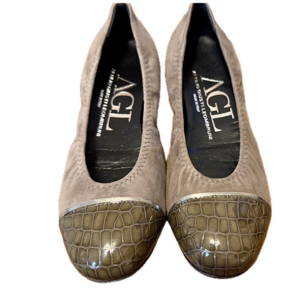 AGL Ballet Flats Women's 37 Cap Toe Taupe Suede Croc Embossed Leather D536072